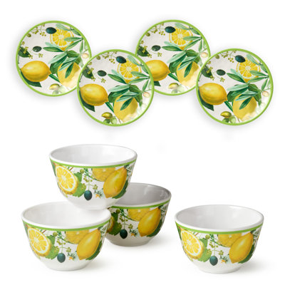 Limone 8-Piece Melamine Canapé Plate & Dip Bowl Set – Mediterranean Lemon & Olive Design, Perfect for Appetizers, Snacks, Dips & Desserts – Shatterproof, Chip-Resistant, Indoor/Outdoor Dining