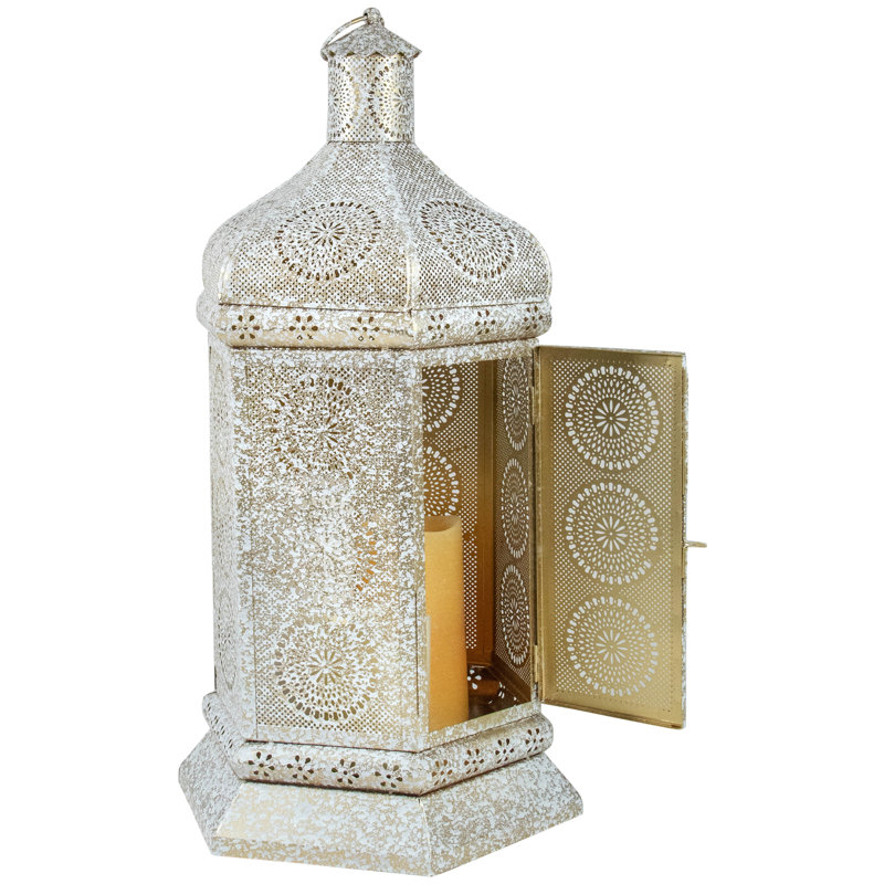 21.5" Moroccan Style Pillar Candle Table Lantern, Distressed White/Gold