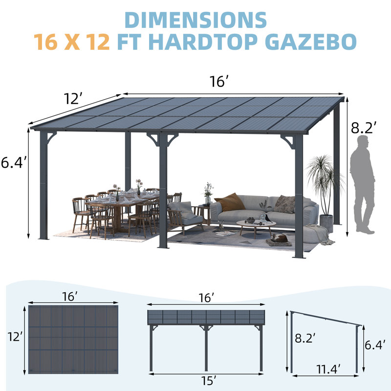 Mandalc Pergola with Canopy, Black, 487.68cm x 365.76cm