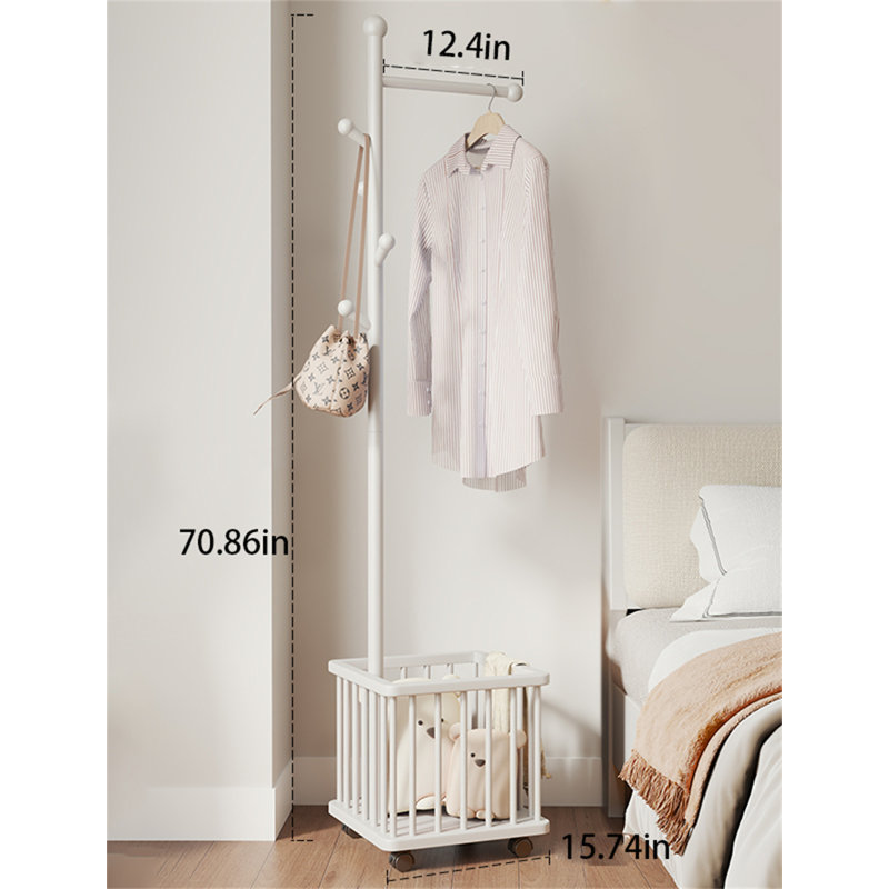 Multifunctional Solid Wood Clothes And Hat Stand With Laundry Basket, White