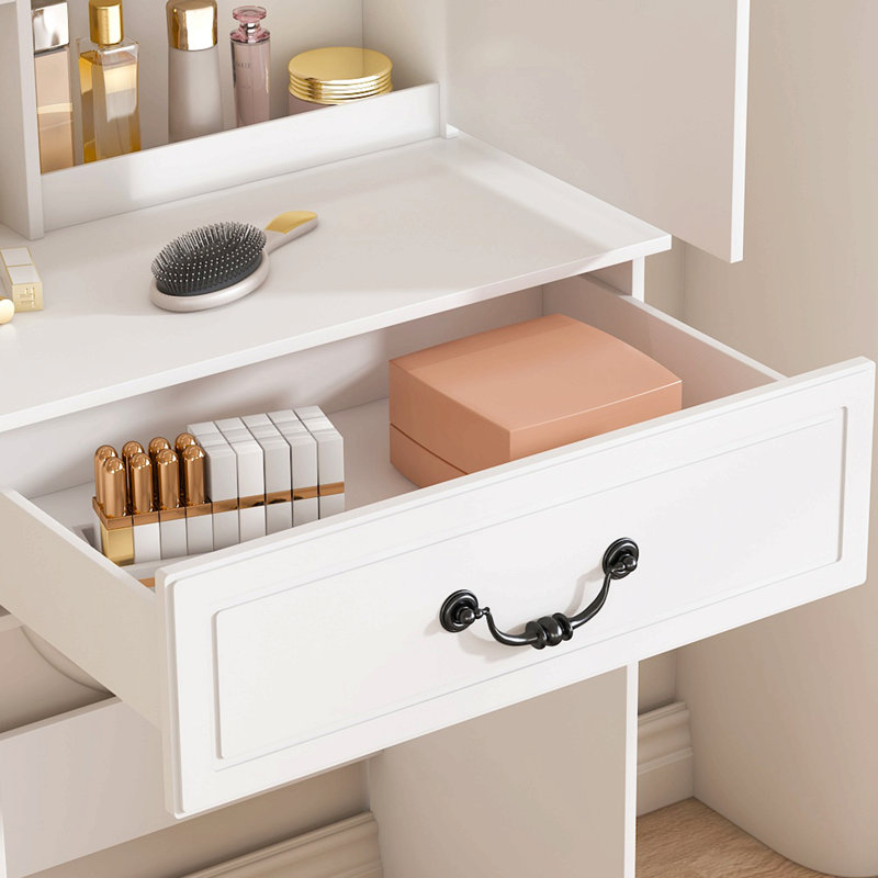 Mini coiffeuse moderne avec miroir éclairé à DEL et rangement dissimulé, tabouret rembourré, bureau de coiffeuse à luminosité réglable, tablettes à l'épreuve de la poussière à plusieurs niveaux