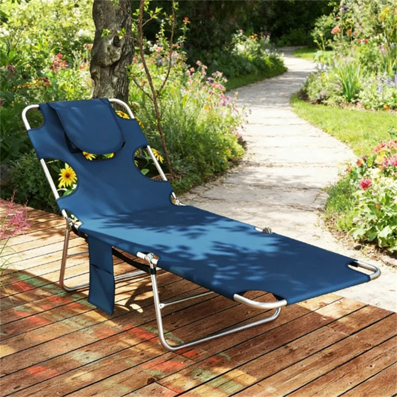 Adjustable Outdoor Sunbathing Chair, Dark Blue Foldable Beach Lounge Chair With 5-position Reclining Backrest, Face Cavity & Arm Slots, Side Pocket, Carry Strap, 264 Lbs Capacity