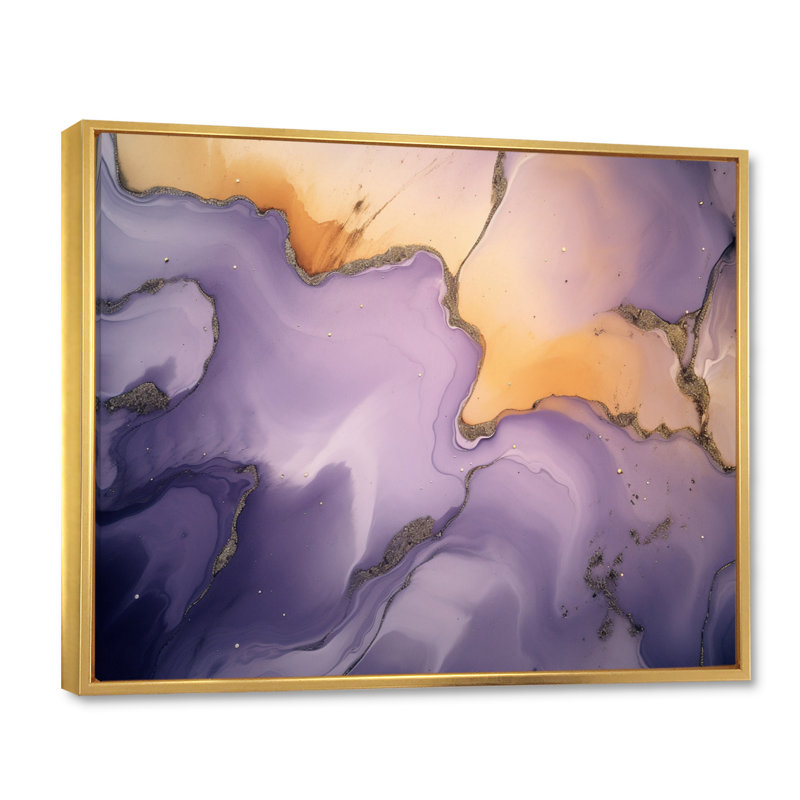 Encre mauve et mauve à l'encre de marbre X, reproduction sur toile, H 34 po x l 44 po x P 1,5 po, Cadre flottant doré