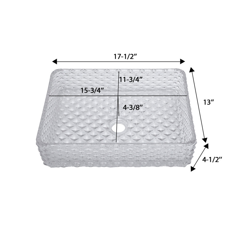 17.3" Rectangular Vessel Bathroom Sink Diamond Shaped Crystal Glass with Pop-Up Drain