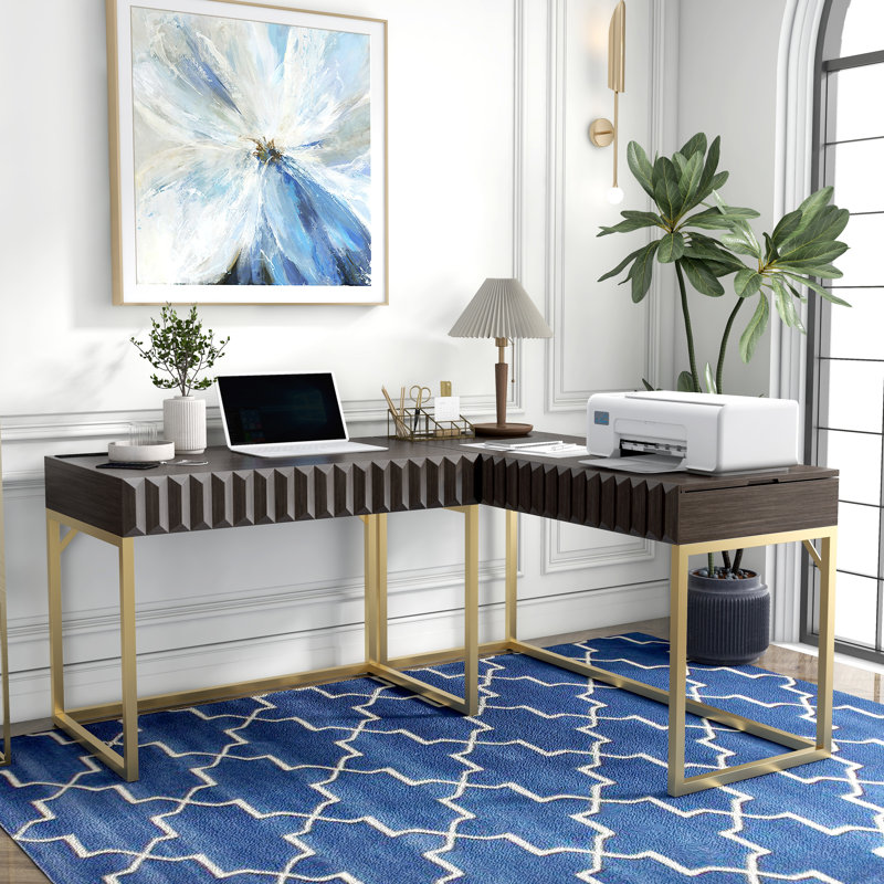 Livengood 56.75"W L-Shaped Writing Desk Set with Power Outlet, Walnut/Gold