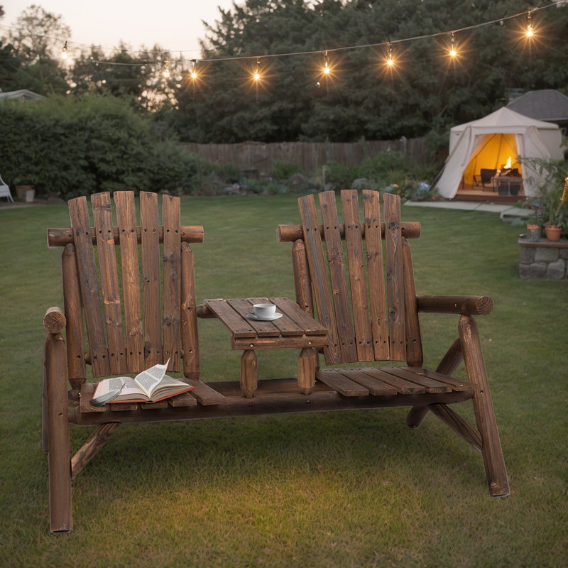 2-Seat Wooden Adirondack Loveseat With Table - Stylish Patio Bench For Deck And Outdoor Gatherings, Brown