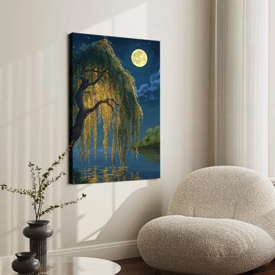 Glowing Weeping Willow Tree By Lake Under Moonlight Large Gallery Wrapped Canvas Wall Art Print For Living Room Bedroom
