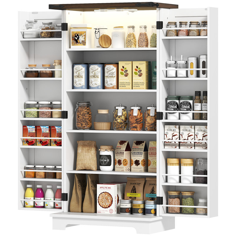 Armoire de cuisine 47 po avec lumière DEL à détection, armoire de rangement de ferme avec portes, 2 tablettes réglables et 12 tablettes de porte, armoire autoportante, blanc
