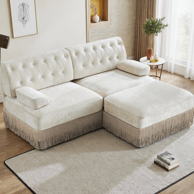 Canapé modulaire en L en velours avec repose-pieds, capitonnage à boutons Chesterfield et jupe à pampilles, canapé 2 places avec accoudoirs courbés et base en bois, assemblage facile pour le salon, la chambre à coucher