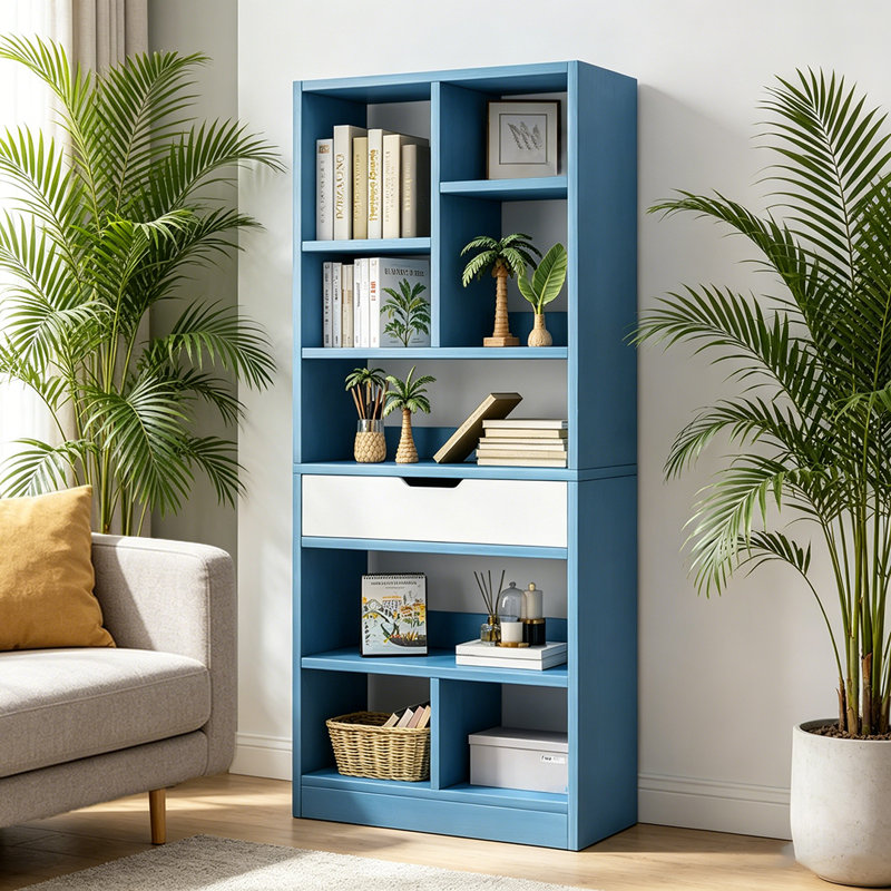 Bibliothèque en bois à tablettes ouvertes de 61 pouces de hauteur avec 8 cubes et un tiroir, Bleu