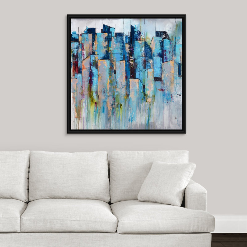 « centre-de-mémoire », peinture sur toile, H 37,7 po x l 37,7 po x p 1,75 po, Cadre flottant noir