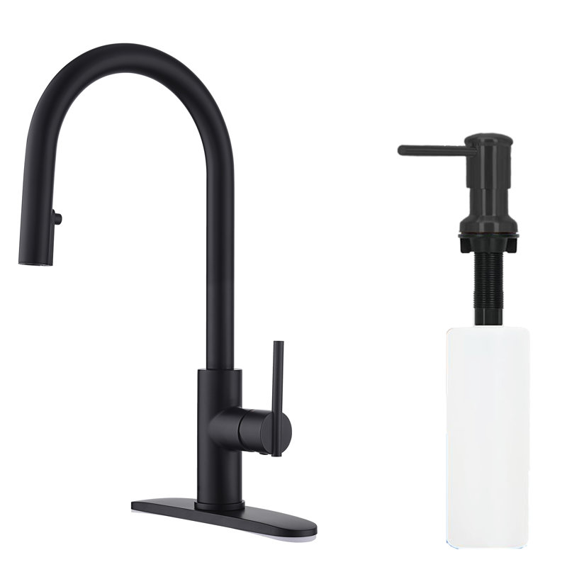 Robinet de cuisine à poignée simple avec douchette extractible et distributeur de savon noir mat