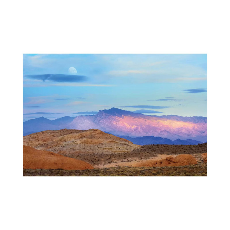 Sunset Lighting up Mountains under a Full Moon in Valley of Fire State Park, Mojave Desert, Nevada 1 Piece Wrapped Canvas Wall Art