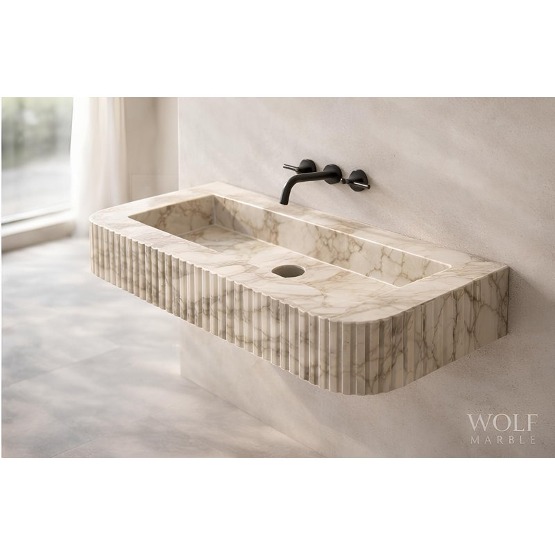 Évier flottant sculpté à la main en marbre cannelé, taille personnalisée - 32 po x 16 po x 6 po, 32 po x 16 po x 6 po