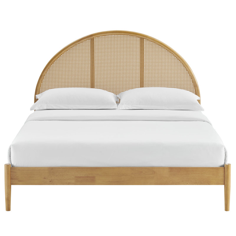 Odette Queen Oak Wood Platform Bed with Rattan Cane Headboard