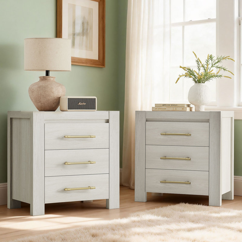 Nightstands With Three Drawers, Set Of 2, White