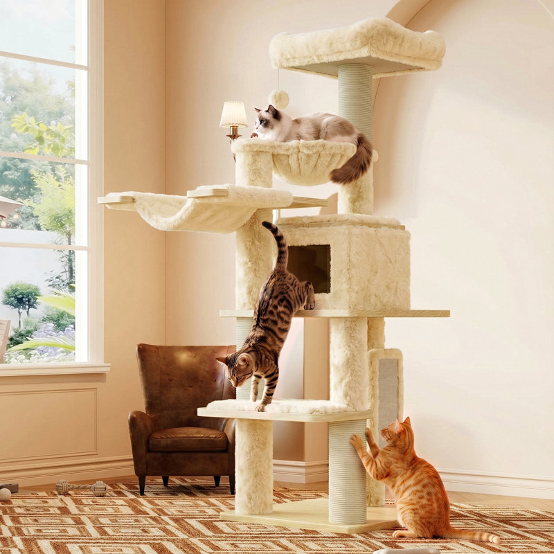 Arbre à chat à niveaux multiples 77 po, beige / léopard, avec poteaux épais de 4,3 po, Beige