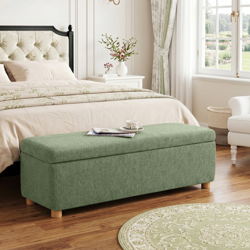 Banc de rangement en chenille Ermine de 57,4 po de largeur avec pieds en bois naturel, Vert