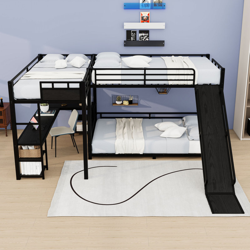 Lit superposé avec glissière intégrée et bureau en L, Lit double TG au-dessus d'un grand lit / lit simpl