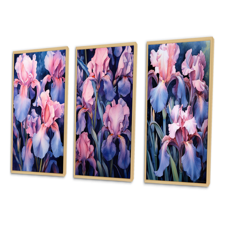 «Pink Blue Iris Petals», 3 pièces sur toile, H 20 po x l 36 po, Cadre naturel flottant