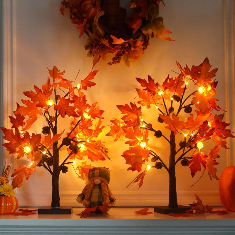 Fall Decorations For Home, 2 Pack 24”/2FT Lighted Fall Maple Leaves Tree With Warm White Leds Autumn Decor, Pumpkin Lampshade, Pine Cone, Acorn Ornaments Battery Powered Timer For Thanksgiving