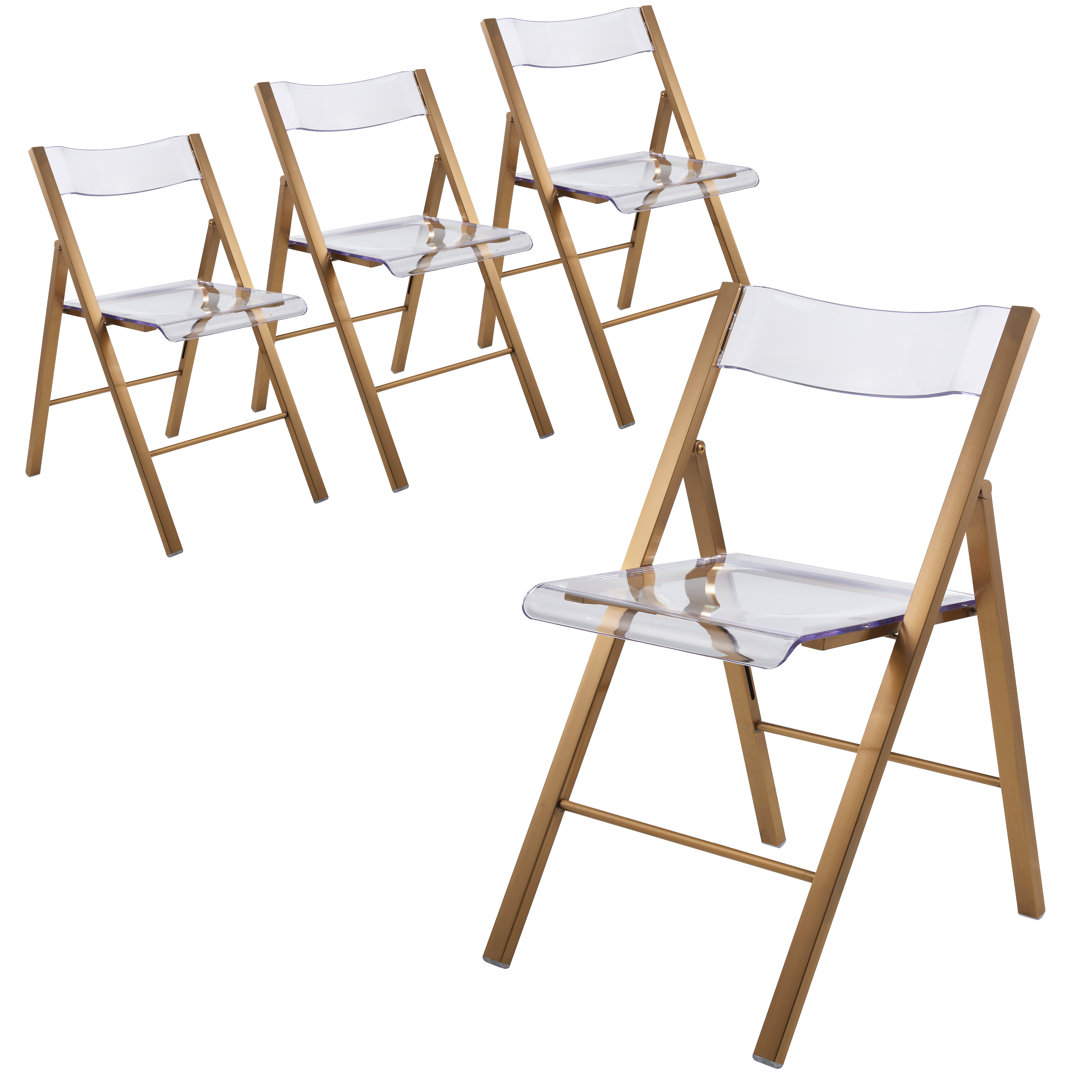 Transparent Acrylic Folding Chair with Stainless Steel Frame and Footrest – Stackable Open-Back Side Chair (Set of 4) Everly Quinn 
