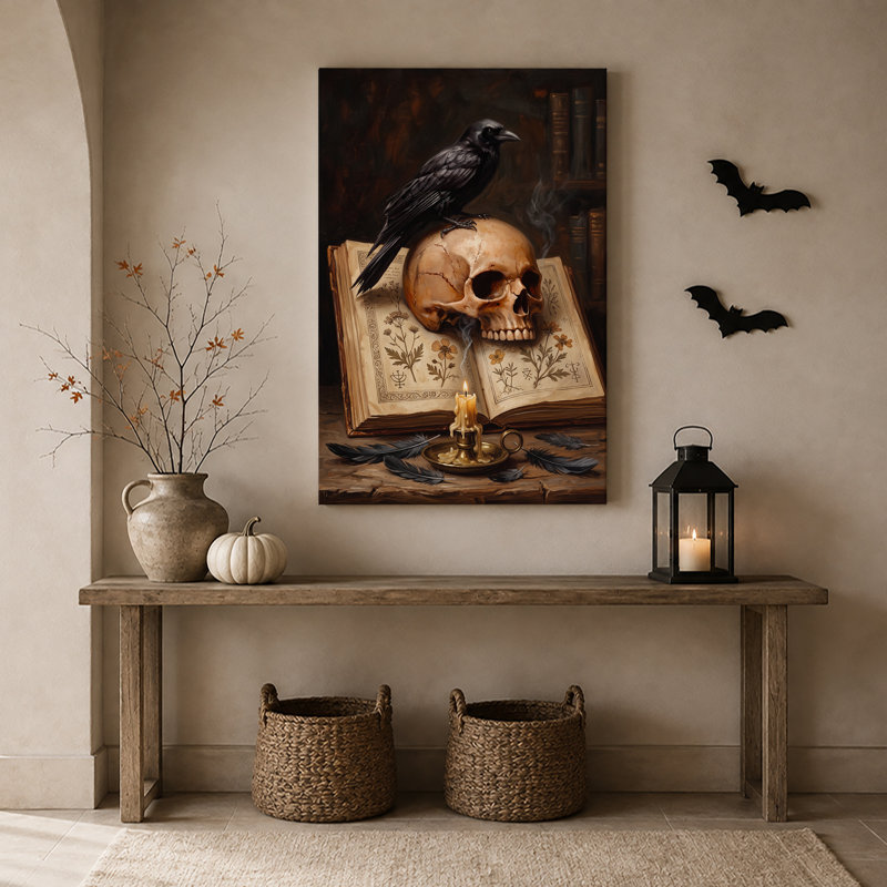 Corbeau noir sur crâne avec bougie allumée et art botanique sur toile d'Halloween, H 18 po x l 12 po