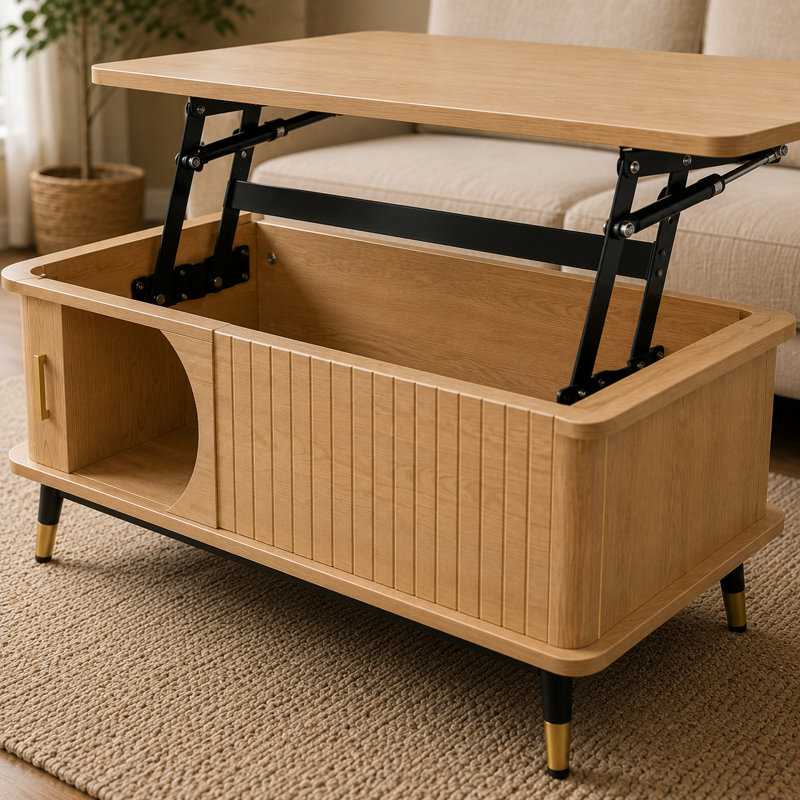 Table basse relevable, rangement caché + tablette latérale, grain de bois, multifonctionnel, bureau de salon