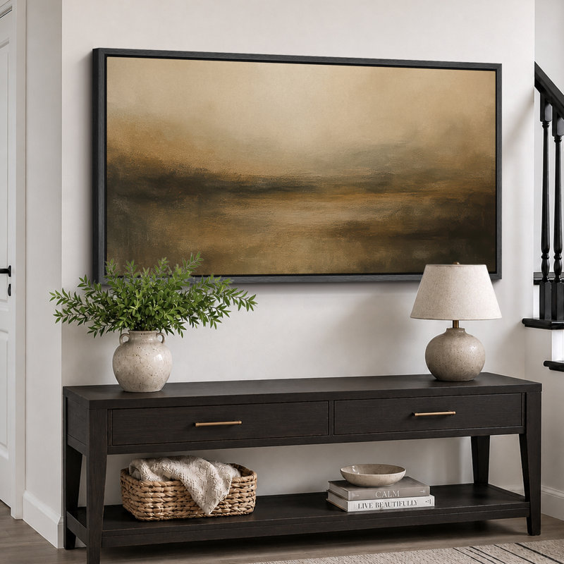 Large Framed Canvas Print Wall Art - Neutral Abstract Landscape Print for Minimalist Modern Wall Decor, Black, 30" H x 60" W
