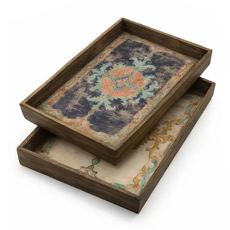 Ensemble de 2 plateaux de service décoratifs, motifs damassés rétro, brun
