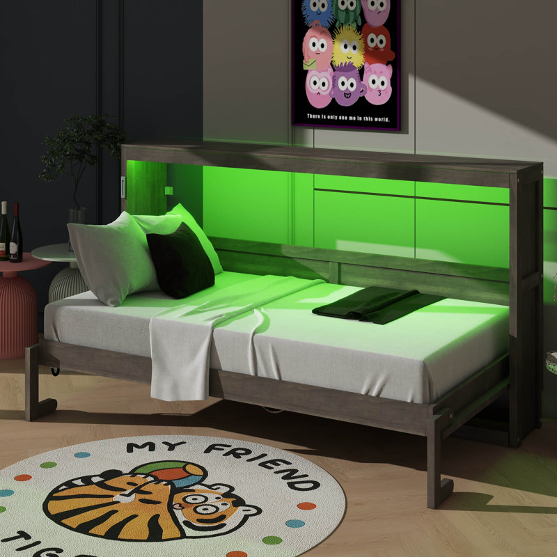 Lit escamotable simple avec éclairage à DEL, transformable en armoire, Brun
