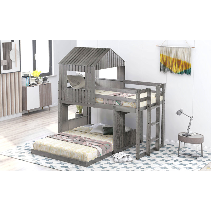 Lit superposé simple en bois sur lit double, lit mezzanine avec maisonnette, maison de campagne, échelle et garde-corps