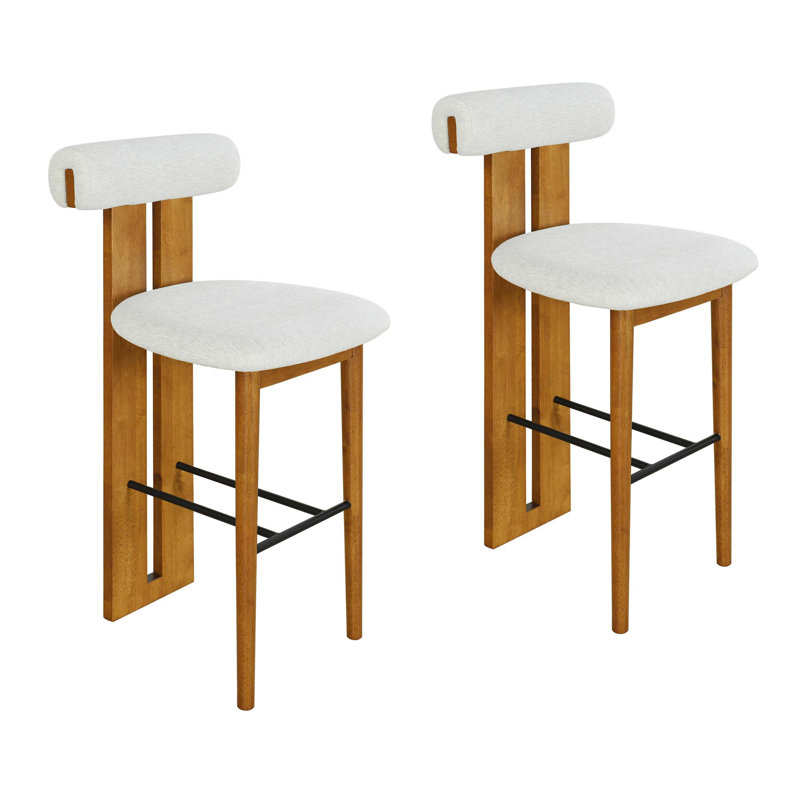 Tabouret de bar intérieur en bois Renee, finition noyer et revêtement ivoire, ensemble de 2, Blanc