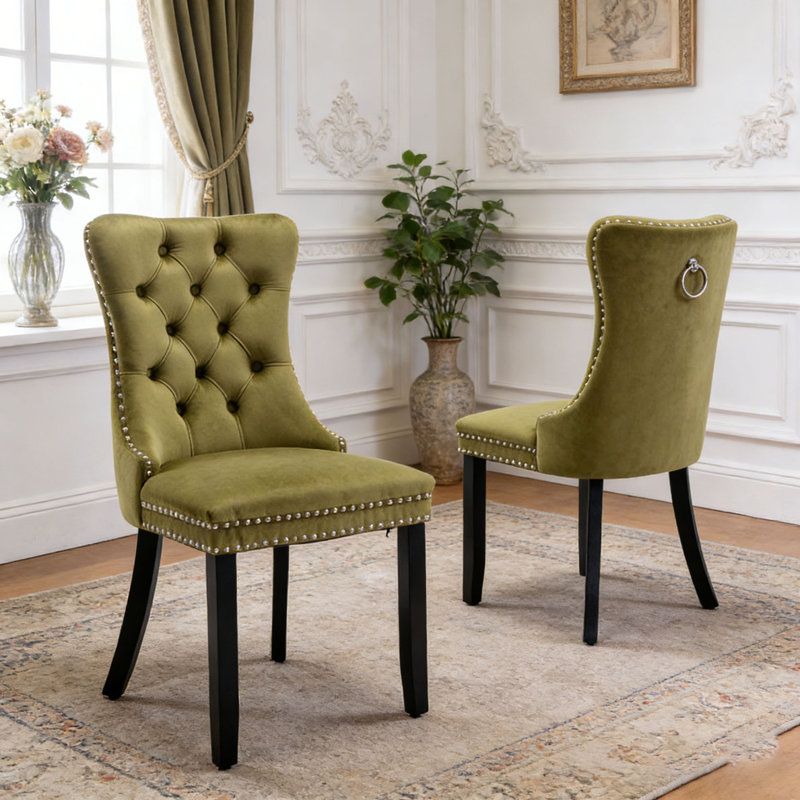Chaise rembourrée en bois massif, Vert olive