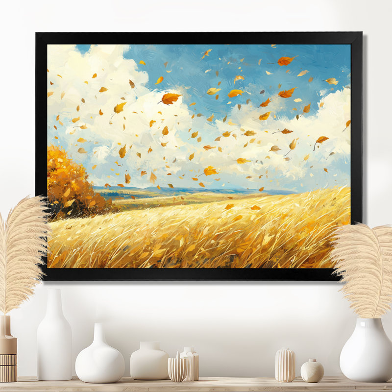 Blue Windy Prairie Leaves - feuilles, art mural, Noir, H 12 po x l 20 po, Cadre flottant