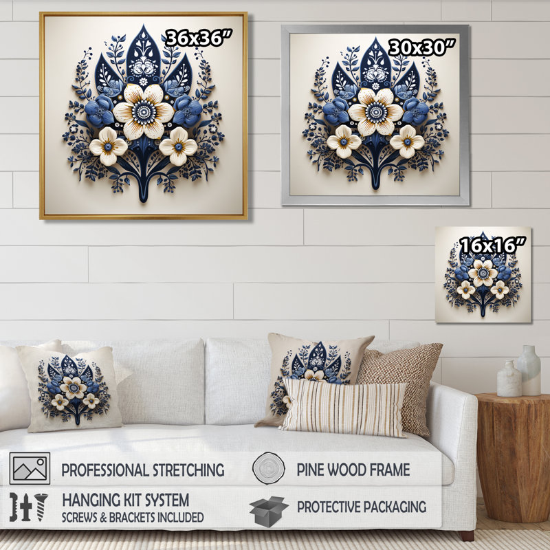 Blooming, fleurs blanches, bleu persan ornemental - décoration murale moderne, Toile avec cadre flottant or