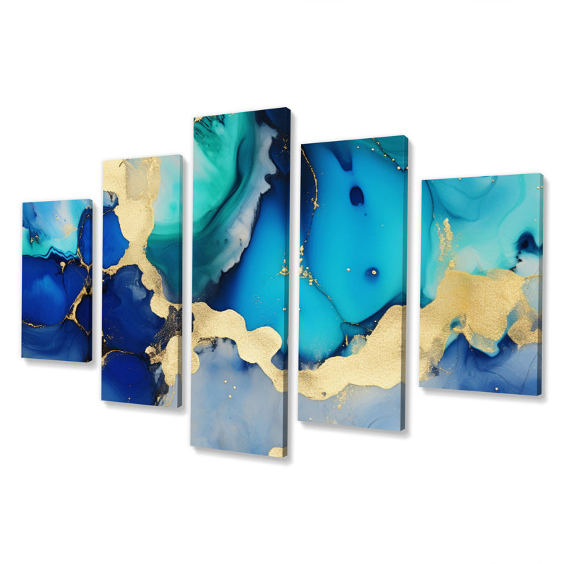 «Blue and Gold Luxury Abstract Fluid Art VII», reproduction sur toile - 5 panneaux
