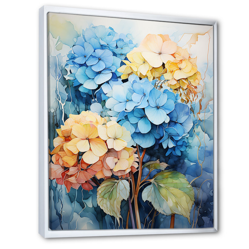 Hydrangea Blooms en bleu et jaune, reproduction sur toile, Cadre flottant blanc, H 32 po x l 16 po x P 1 po