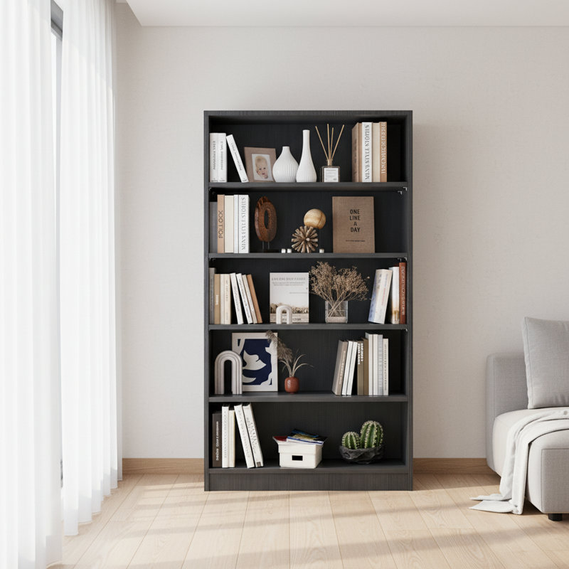 Bibliothèque 60 po à 5 niveaux en bois gris - large bibliothèque moderne pour chambre à coucher, bureau, salon ou bibliothèque