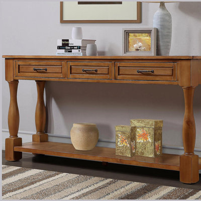 Meuble télé en bois de 63 pouces de long avec 3 tiroirs et 1 base, convenant aux couloirs d'entrée, facile à assembler, - table de canapé épaisse (brun)