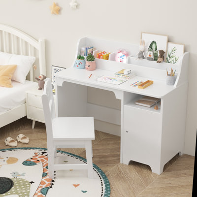 Kids Desk and Chair Set with Hutch, Storage Cabinet, Wooden Children Study Table, Student Writing Desk for Kids Bedroom & Study Room,White