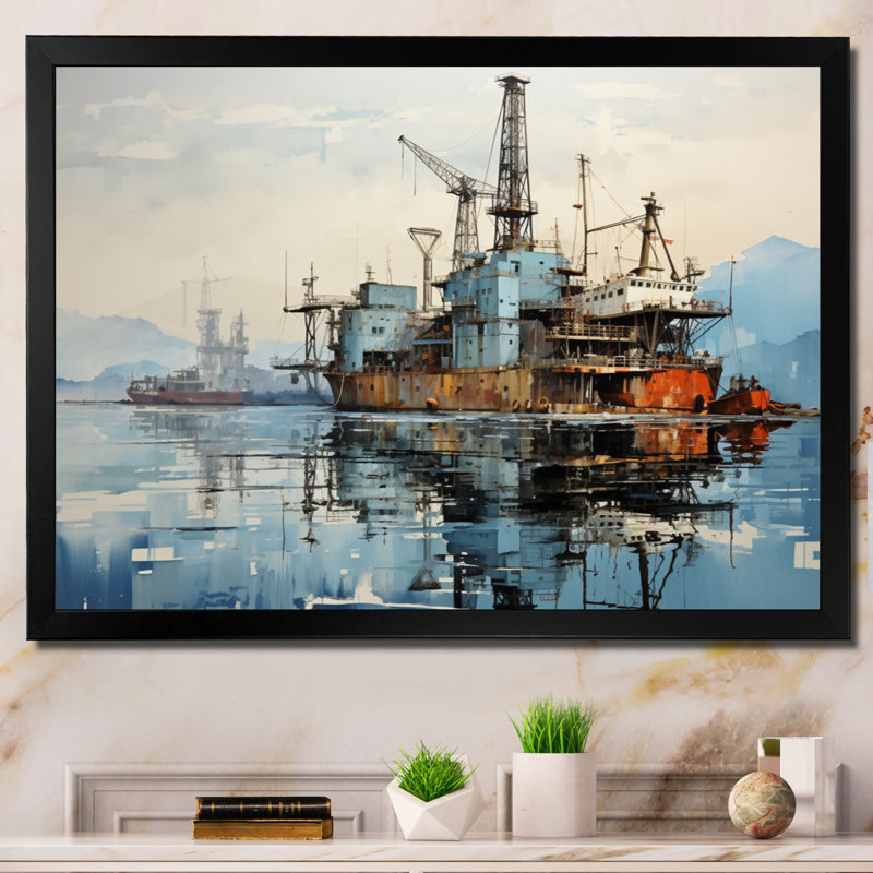 «Blue Oil Rigs Fields Industrial IV», reproduction sur toile, H 12 po x l 20 po x P 1 po, Cadre photo noir