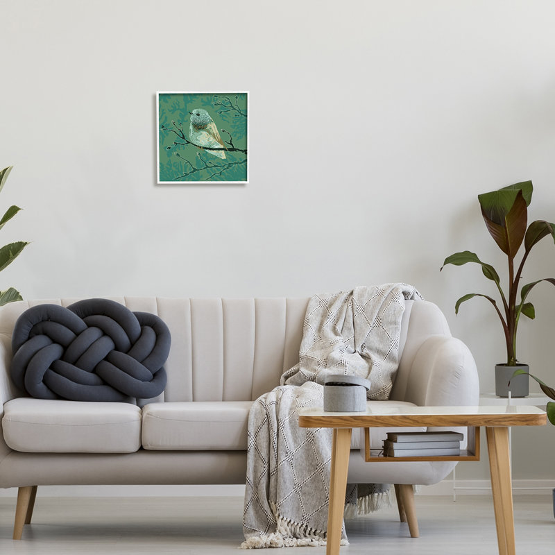 Oiseau vert perché avec détails de branches botaniques abstraites par Verbrugge WaterColoured - cadre flottant, impression sur toile