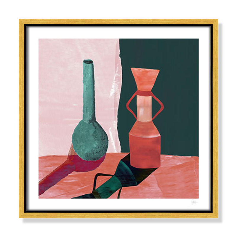 Imprimé vases sarcelle et terracotta par Violets Print House, L 13,5 po x H 13,5 po, Framed Canvas, Flotteur doré