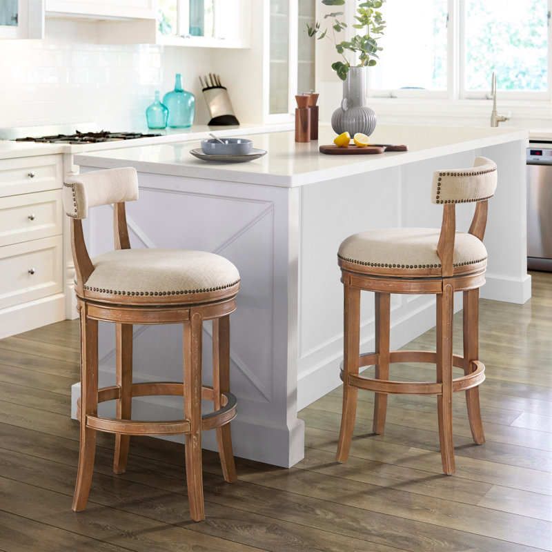 Hanover Swivel Bar Height Stool, Weathered Brown and Beige, Solid Rubberwood Frame with Faux Linen Upholstered Seat, Nailhead Trim, Memory Return Swivel, 20 in. W x 22 in. D x 41 in. H