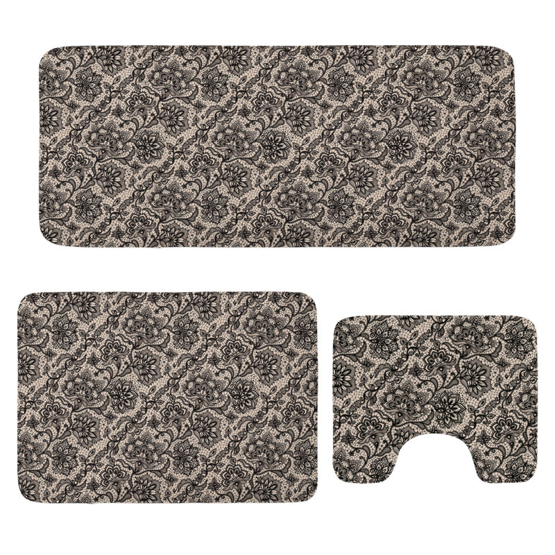  Gothic Bathroom Rug Set 3 Pieces U-Shape & Rectangle Mats Tan Black