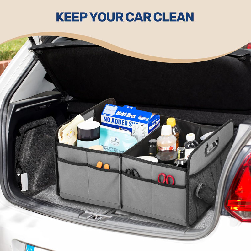 Trunk Organizer for Car, Foldable 2 Compartment 50L Car Storage, Waterproof Anti-Slip & Leak-Proof for Travel, Black/Gray Green/Gray/Red