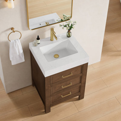 Meuble-lavabo simple Frederica de 61 cm (24 po) en épicéa brun vieilli avec comptoir en pierre composite