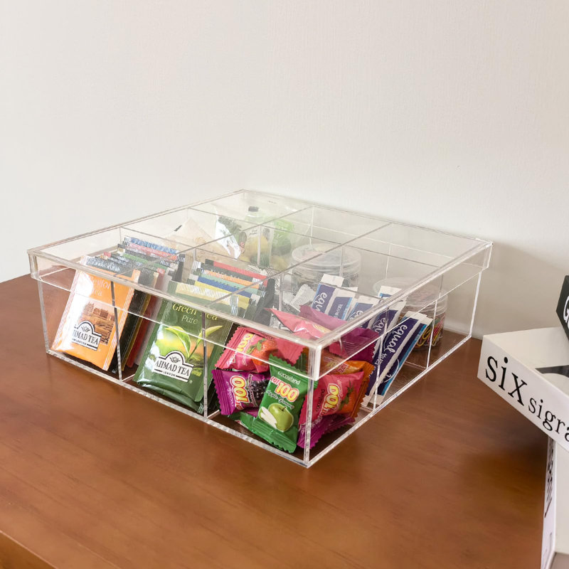 Clear Condiment Organizer And Tea Bag Holder, Acrylic Stash Box 9-Slot Clear Organizer With Lid For Snack Multi-Functional Tea Bag, Sugar Packet, Coffee Container Caddy Box