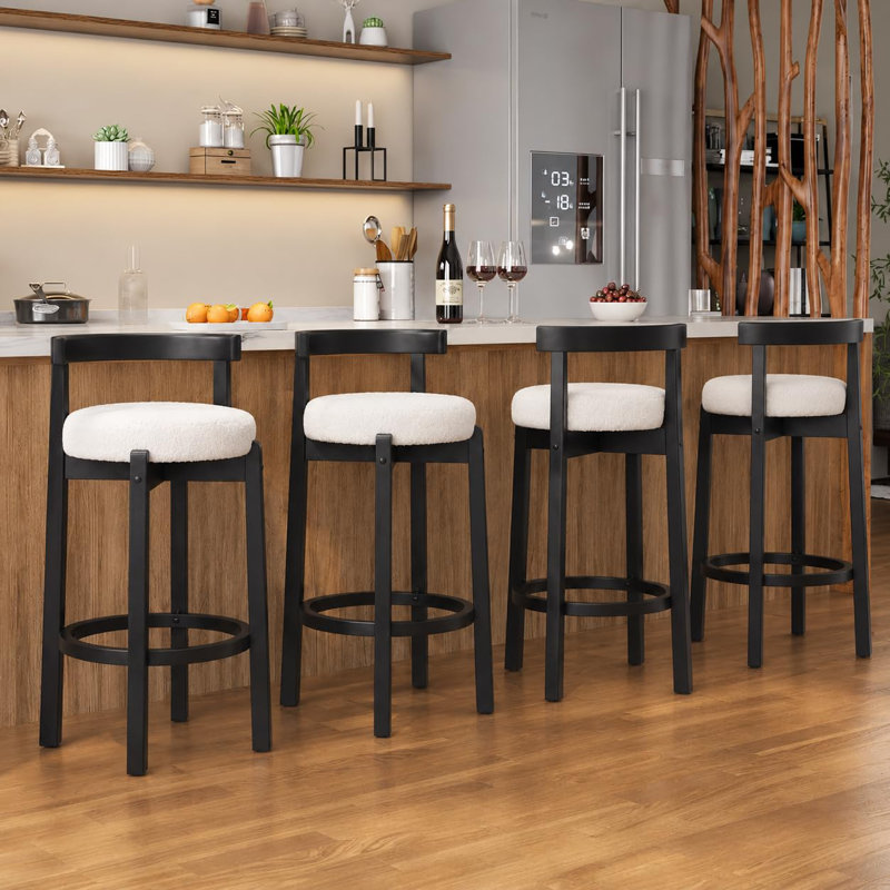 Ensemble de 4 tabourets de bar, hauteur de comptoir, dossier incurvé et pieds en bois massif, revêtement en laine d'agneau naturelle et beige, lot de 4